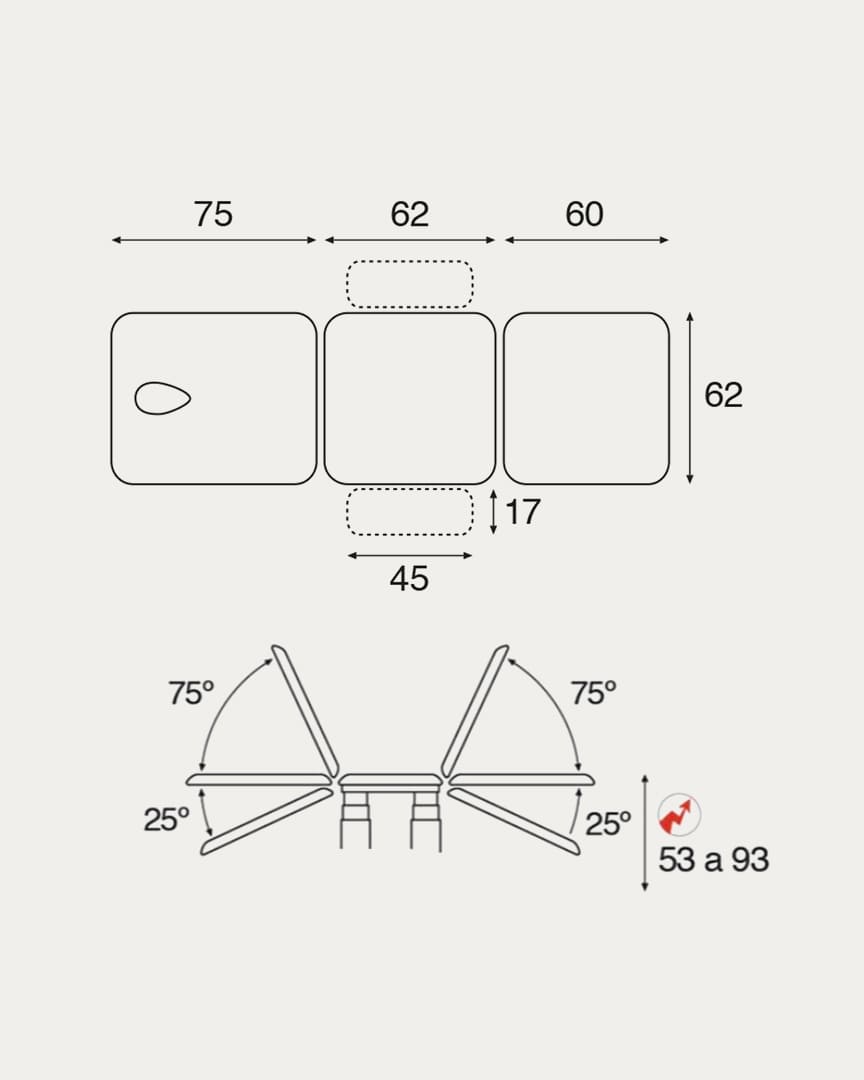 Camilla 3 cuerpos eléctrica Ecopostural C6856 dimensiones