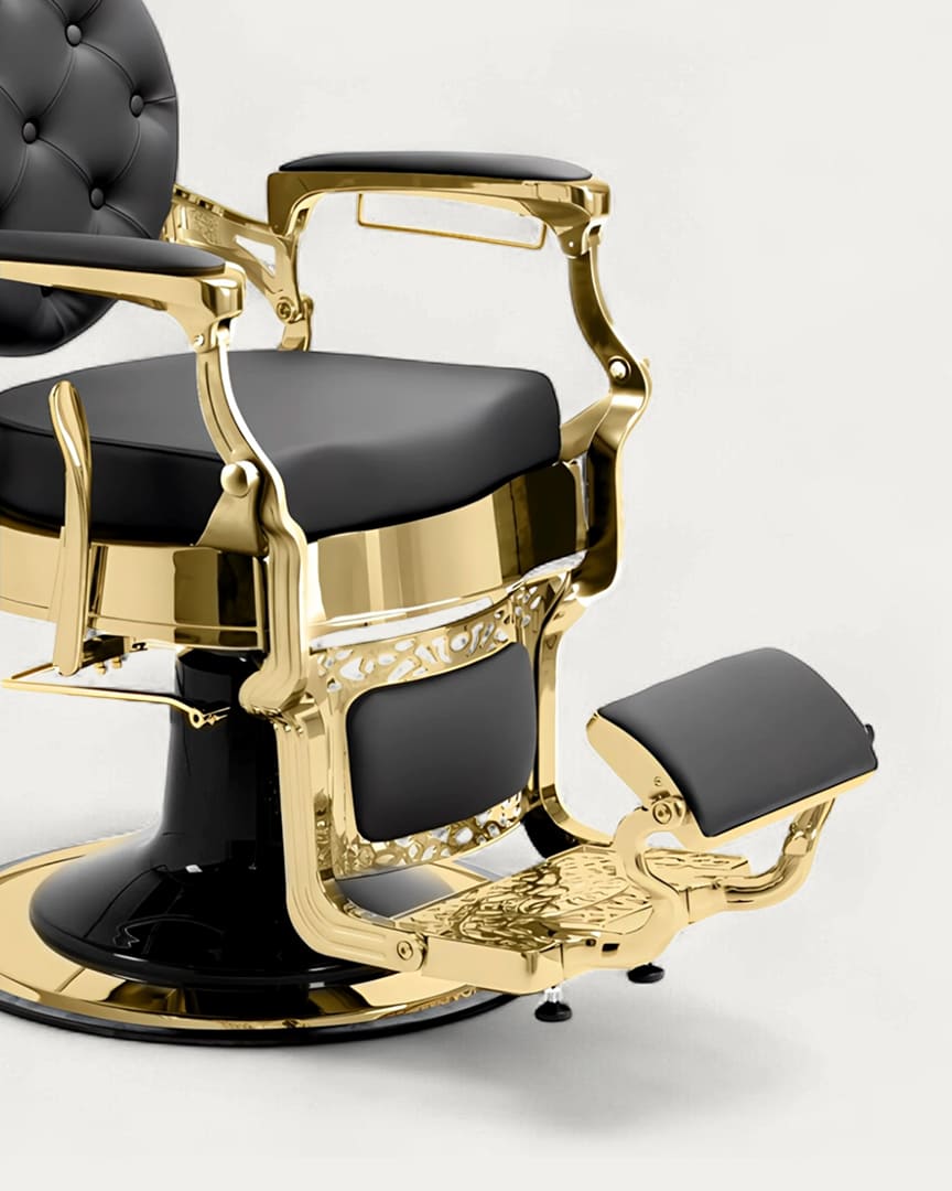 Sillón para barbería Mae Gold con tapicería negra Dduueett