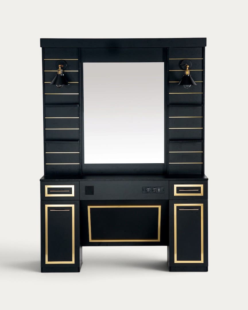 Tocador de barbería dorado y negro con espejo y luz Lunaz de la marca Mirplay