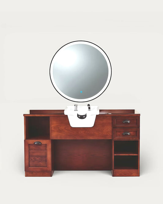 Estación barbería con lavacabezas blanco de madera Jules BR 01 08 con espejo redondo LED de Mirplay