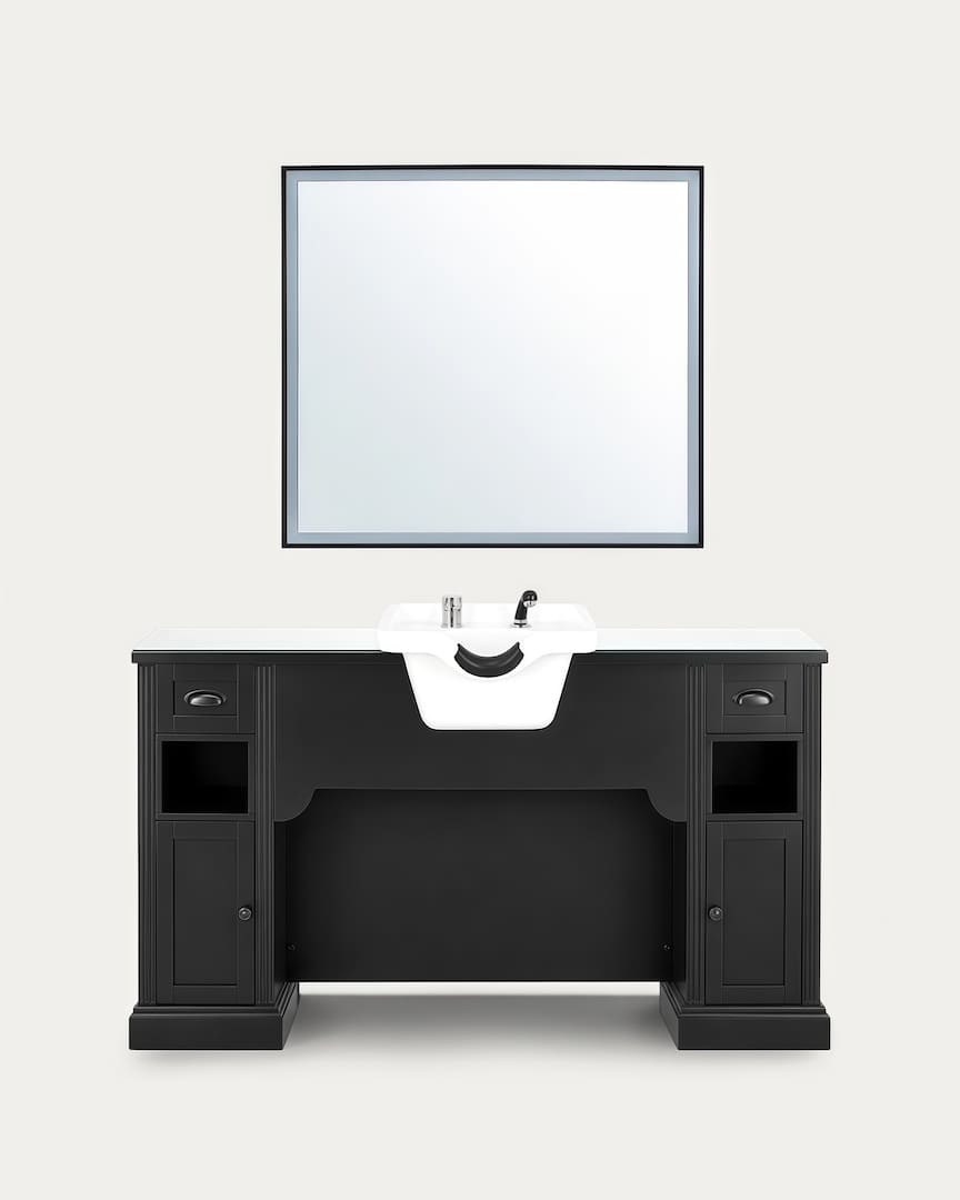 Estación barbería William 11 de Mirplay con espejo cuadrado y lavabo blanco