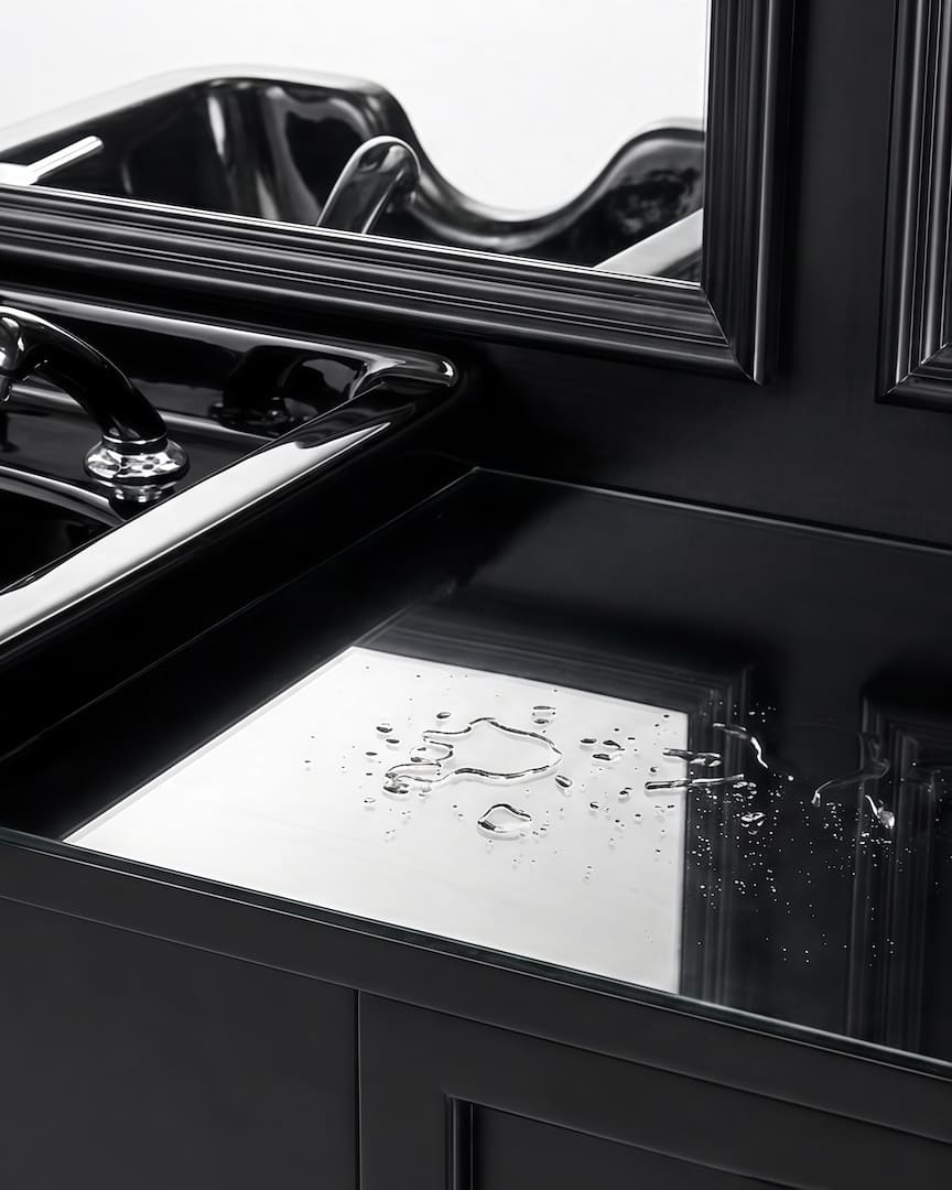 Tocador barbería negro con lavabo negro Jules cristal anti salpicaduras