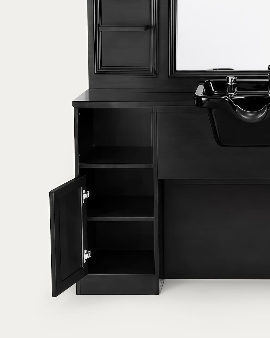 Tocador barbería con lavacabezas negro de madera negra Jules B estantería