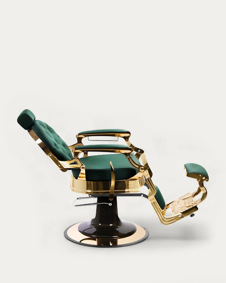Sillón barbero Mae Gold de Dduueett base dorada y tapicería verde