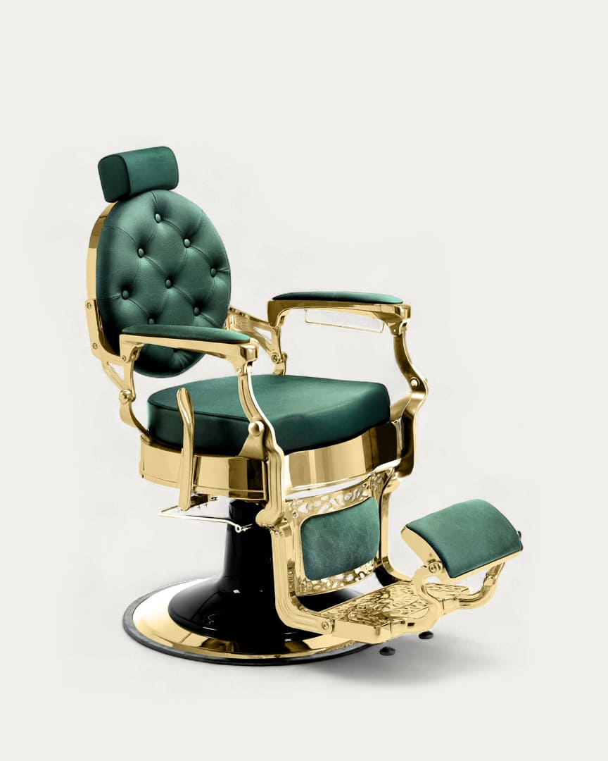 Sillón de barbero Mae dorado Gold de Dduueett con tapicería verde