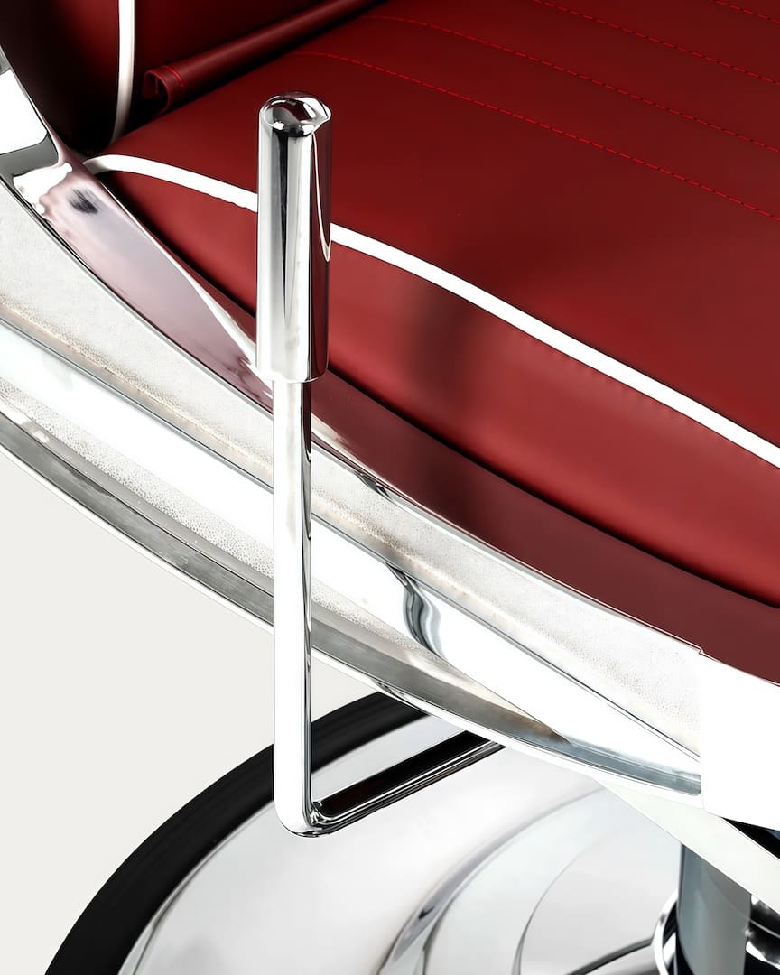 Sillón barbería rojo cromado Visionerio Gabbiano palanca respaldo