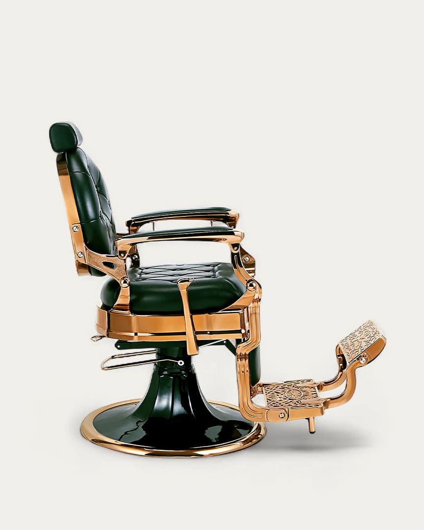 Sillón de barbería verde y dorado Kirk GRS de Mirplay vista lateral