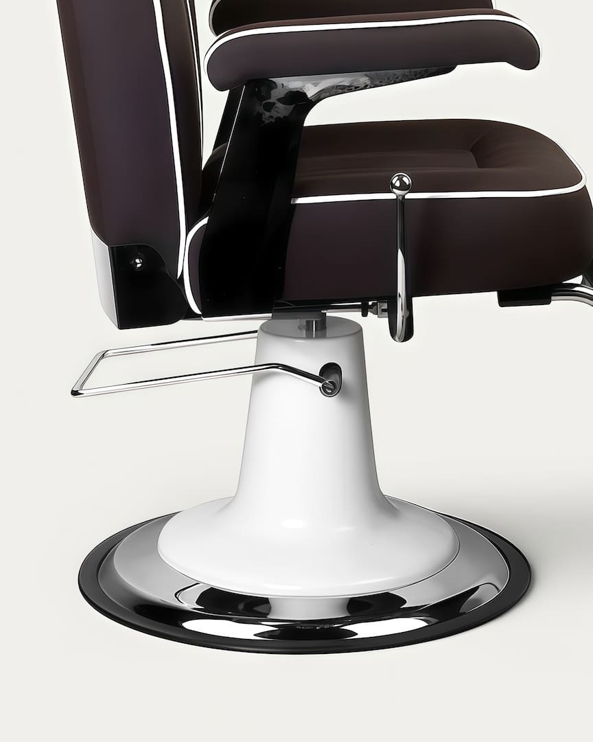 Sillón barbero marrón y base blanca Amadeo Gabbiano palancas