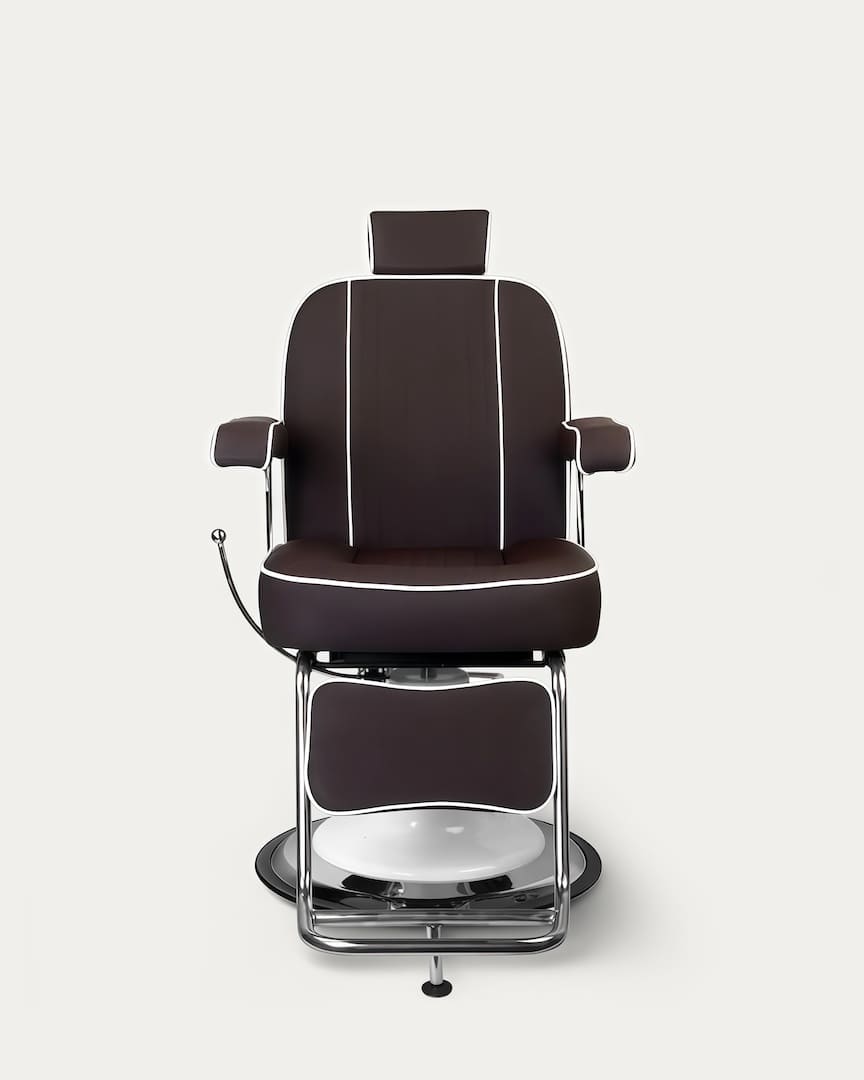 Sillón barbero con tapicería marrón y base blanca Amadeo Gabbiano