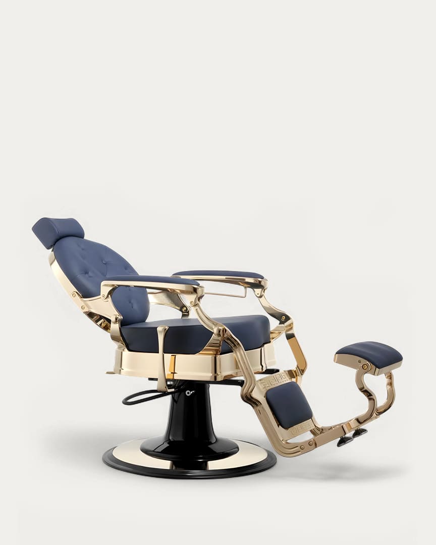 Sillón barbero Buzz Gold tapicería en azul MUDI