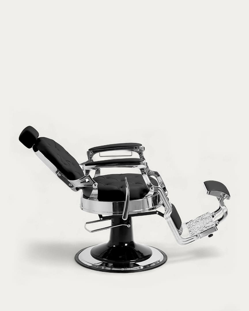 Sillón de barbería Mack plateado negro cromado vintage