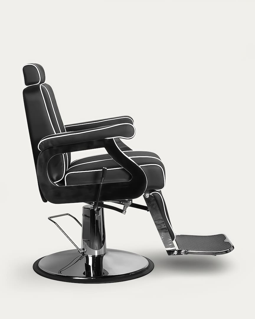 Sillón de barbería negro peluquero negro tapicería rombos Paulo Gabbiano