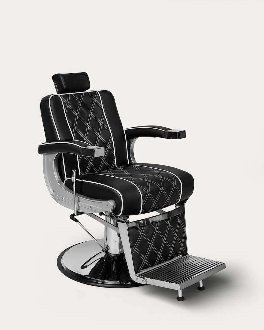 Sillón de barbería tapicería negra base plateada Sina