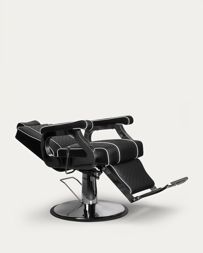 Sillón de barbería negro peluquero negro rombos Paulo Gabbiano reclinable
