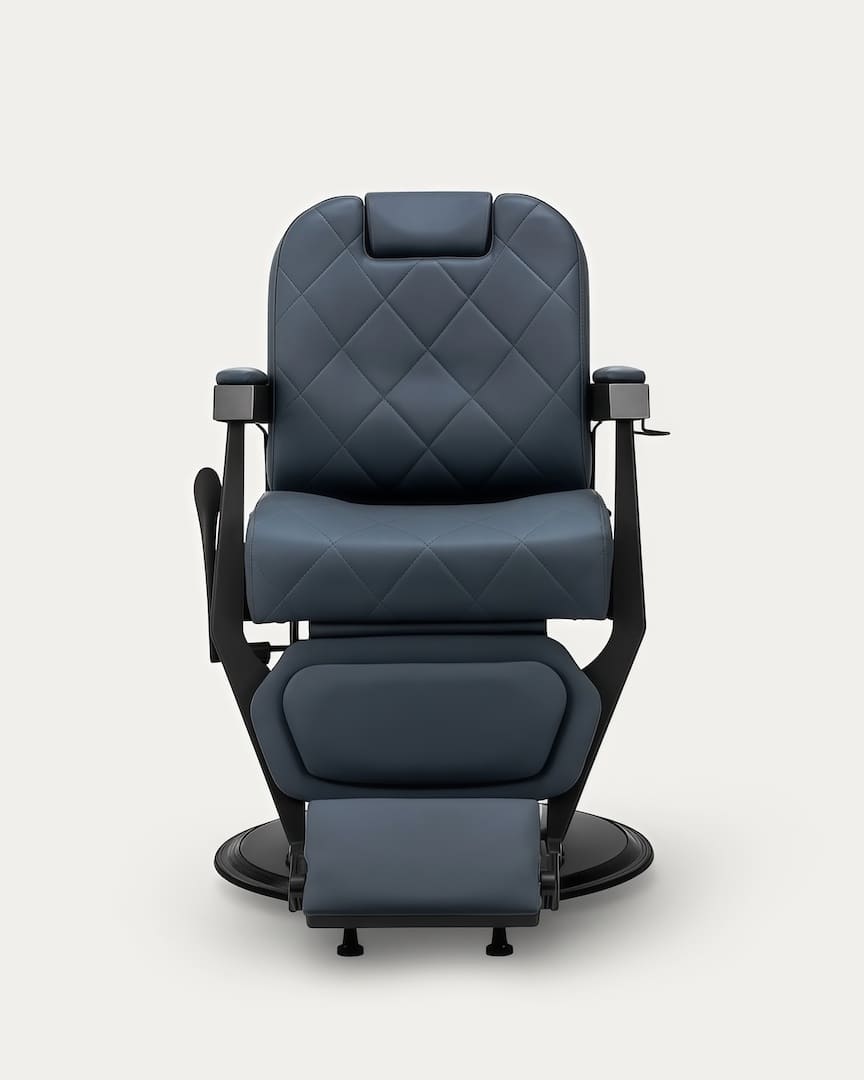 Sillón peluquero con tapicería azul y base negra Bruno Gabbiano 