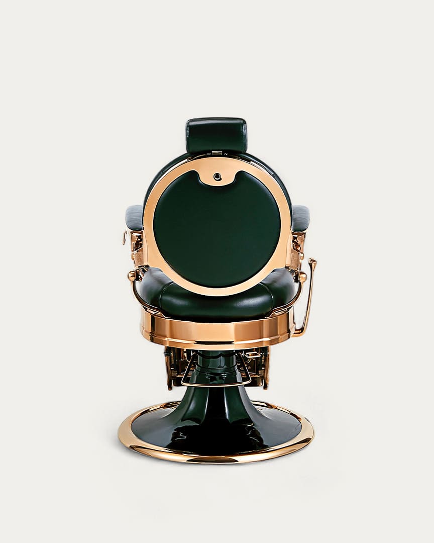 Sillón de barbería verde y dorado Kirk GRS de Mirplay vista posterior