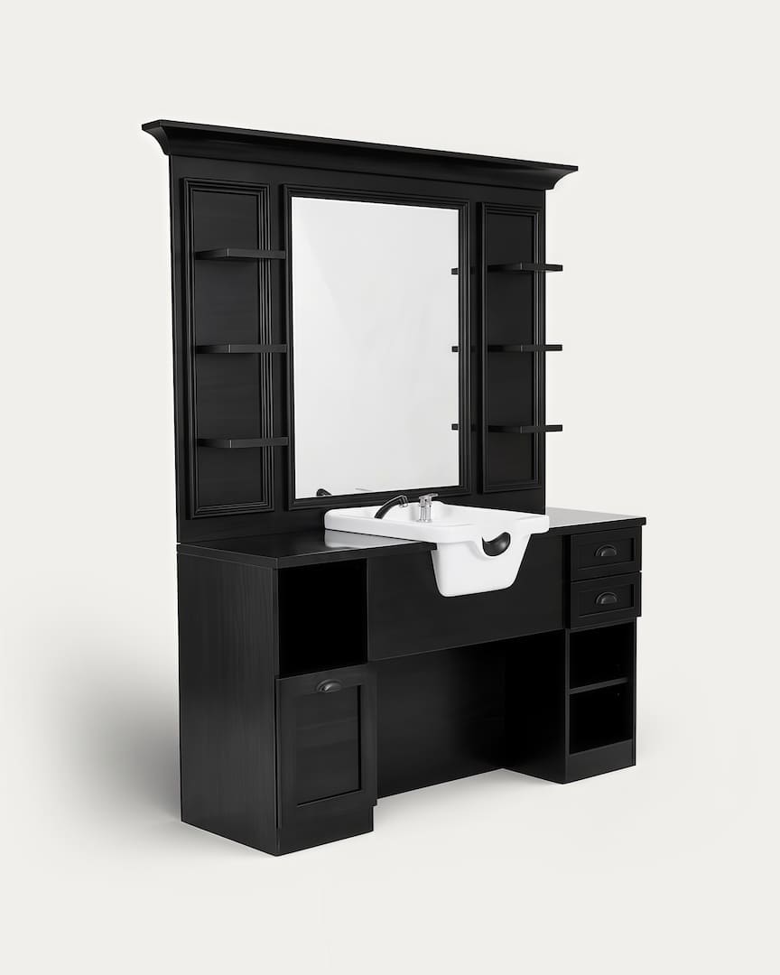 Tocador barbería con lava cabezas blanco madera negro Jules B