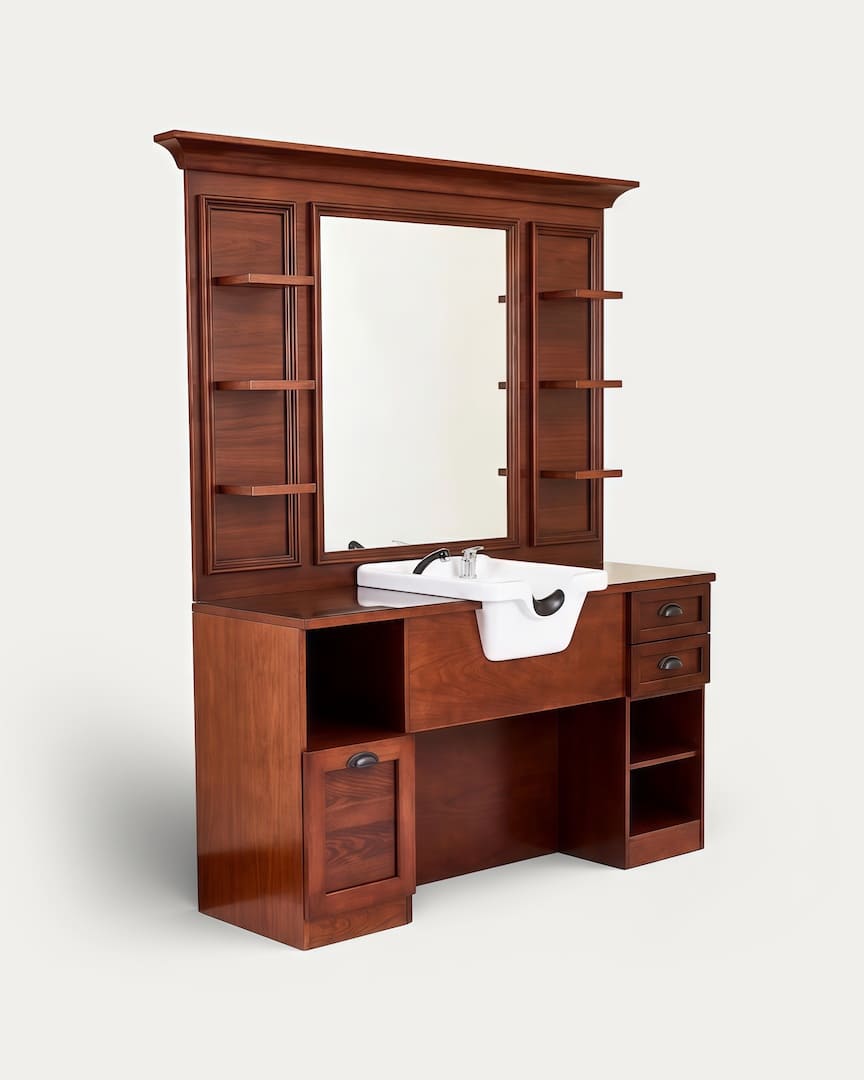 Tocador barbería con lava cabezas blanco y madera oscura Jules