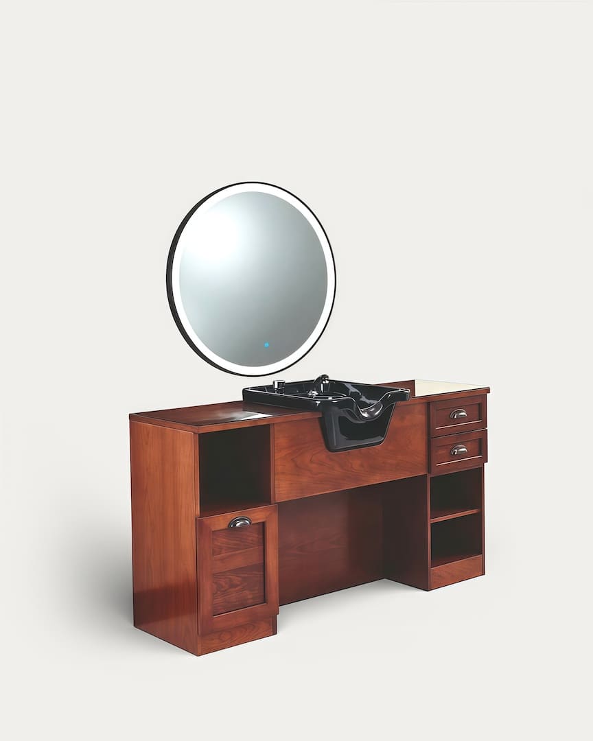 Tocador de barbería con lavacabezas negro y madera Jules BR 01 98 con espejo redondo de la marca Mirplay