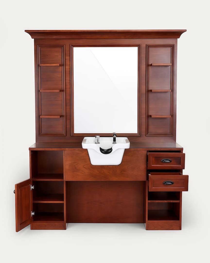 Tocador de barbería con lavacabezas blanco y madera marrón Jules de Mirplay