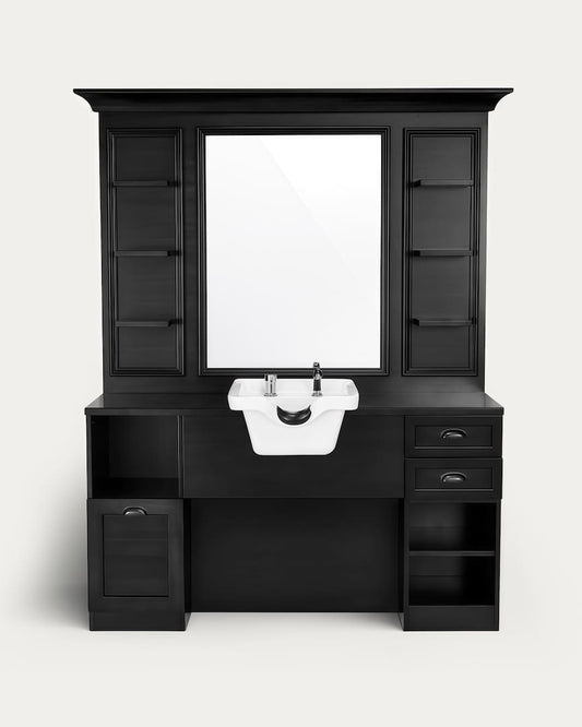 Tocador barbería con lavacabezas blanco negro Jules