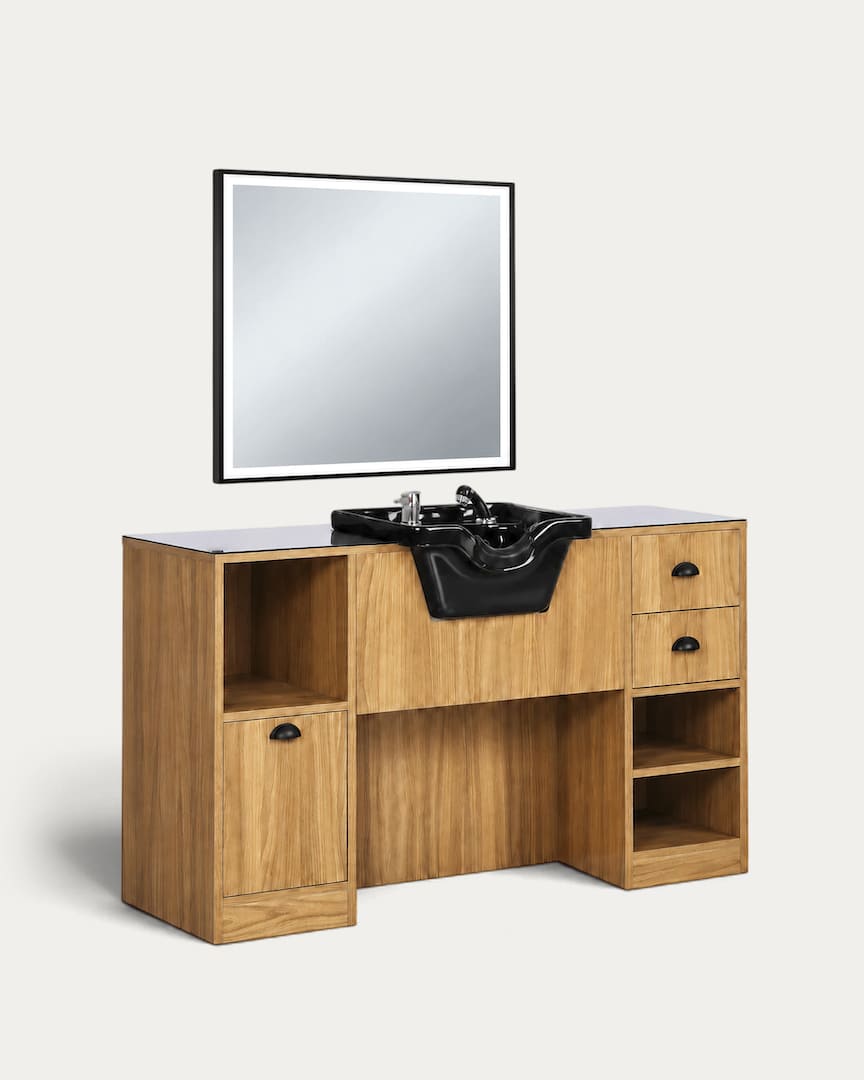 Tocador barbería con lavacabezas negro y espejo cuadrado OKE 9 BR madera Mirplay