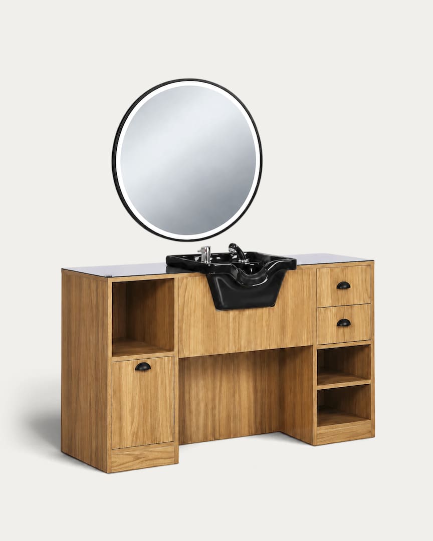 Tocador barbería con lavacabezas y espejo redondo madera OKE 7 BR marca Mirplay