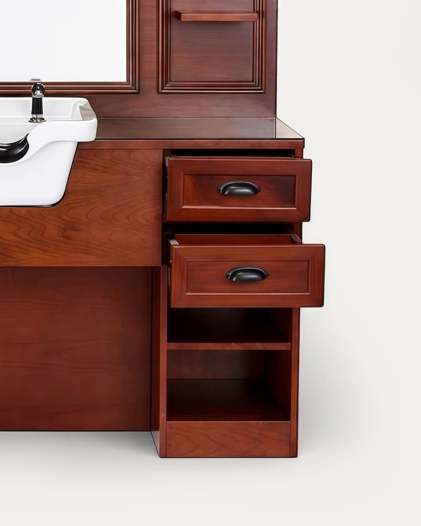 Tocador de barbería con lavacabezas blanco y madera marrón Jules de Mirplay cajones