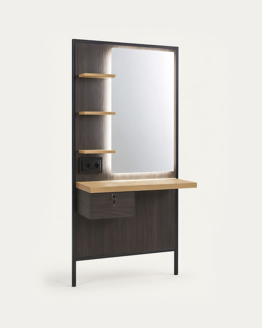 Tocador barbería madera Logan B Mirplay con espejo de luz LED