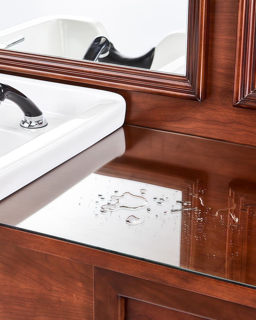 Tocador barbería marrón lavabo blanco Jules cristal protector