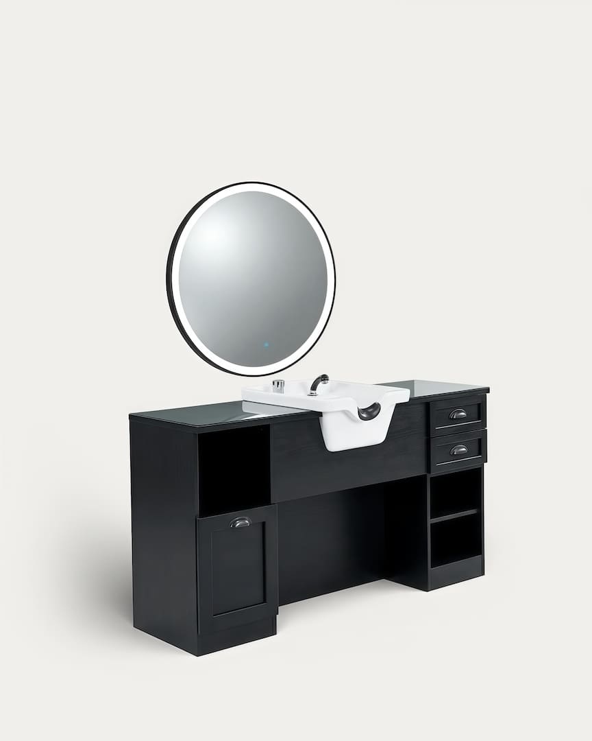 Tocador barbería negro con lavabo blanco Jules B 01 08 con espejo redondo