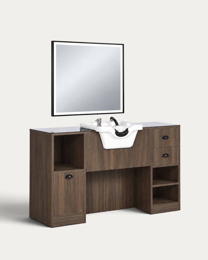 Tocador barbero con lavacabezas blanco y espejo cuadrado OKE 9 B marca Mirplay