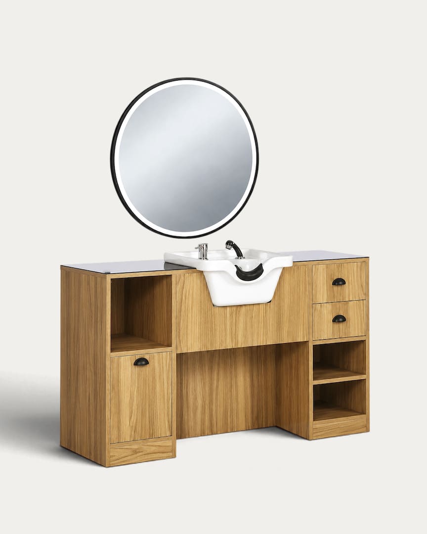 Tocador barbero con pica blanca y espejo redondo madera OKE 7 BR marca Mirplay