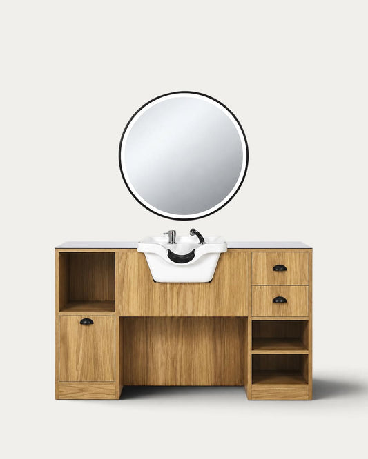 Tocador barbero con pica blanca y espejo redondo madera OKE 7 BR Mirplay
