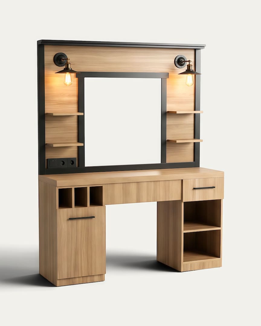 Tocador de barbería con espejo y luz Folk OAK marrón de MUDI encendido