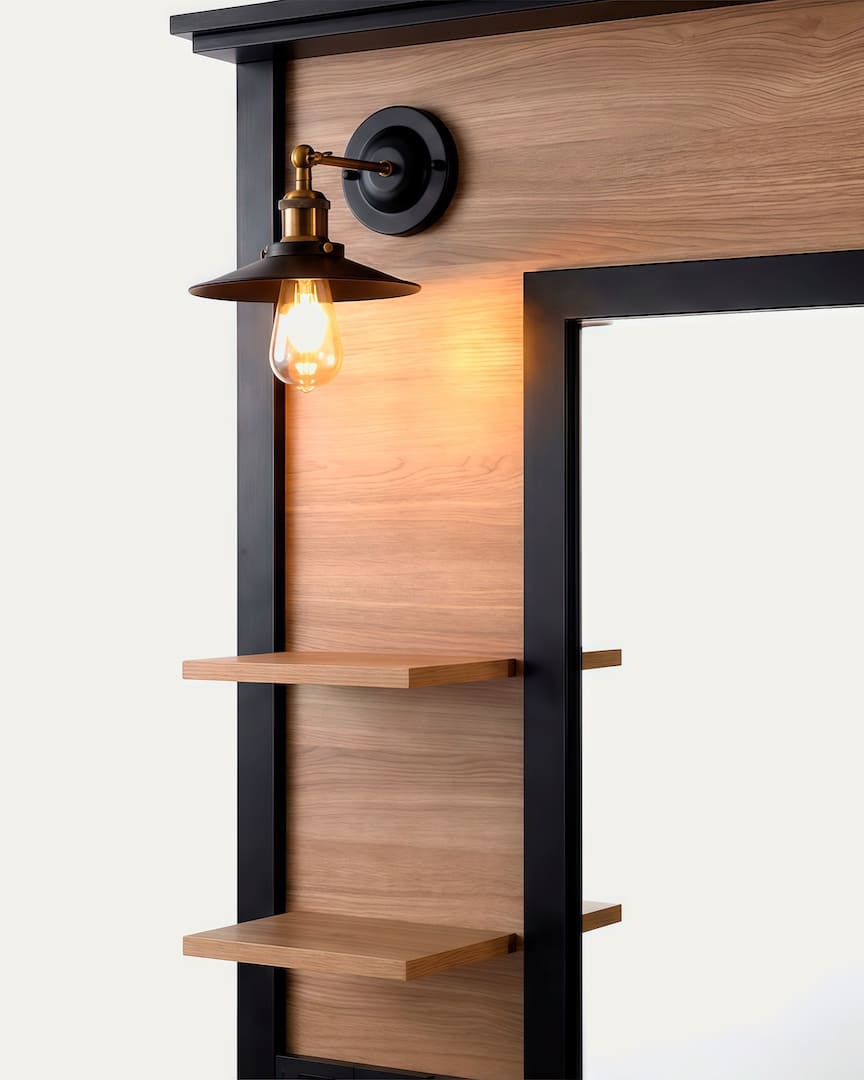 Tocador de barbería con espejo y luz Folk OAK marrón de MUDI bombillas