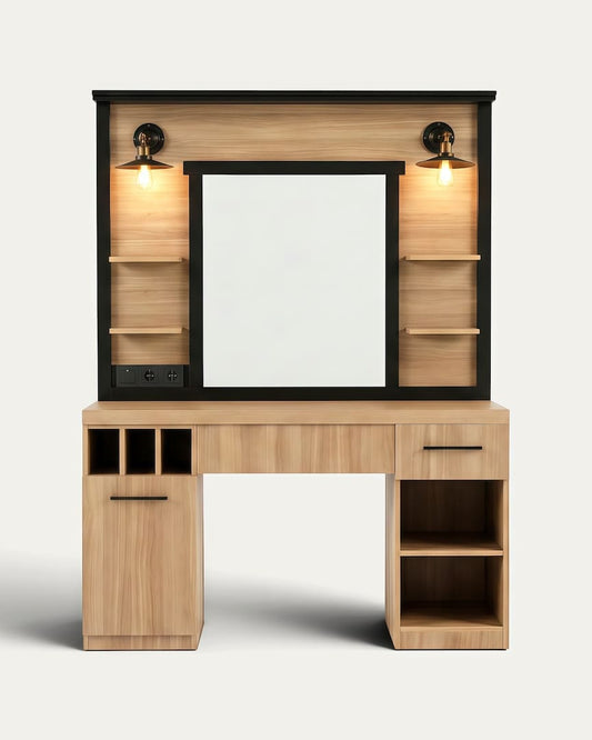 Tocador de barbería con espejo y luz Folk OAK marrón de MUDI