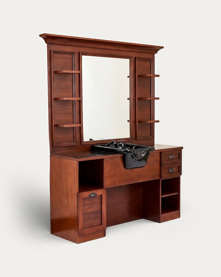 Tocador de barbería con lava cabezas negro y madera marrón Jules Mirplay