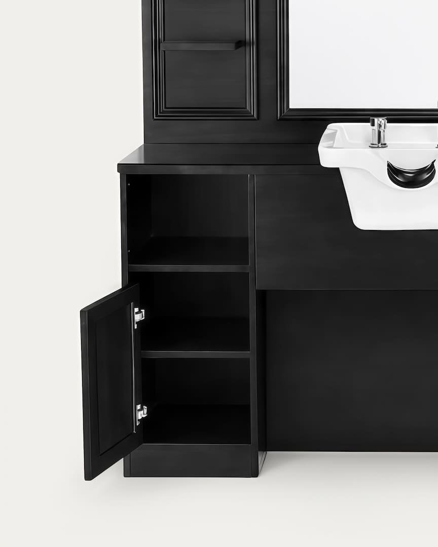 Tocador de barbería con lavacabezas blanco de madera negra Jules B estantería