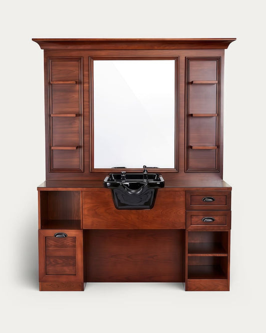 Tocador de barbería con lavacabezas negro y madera marrón Jules