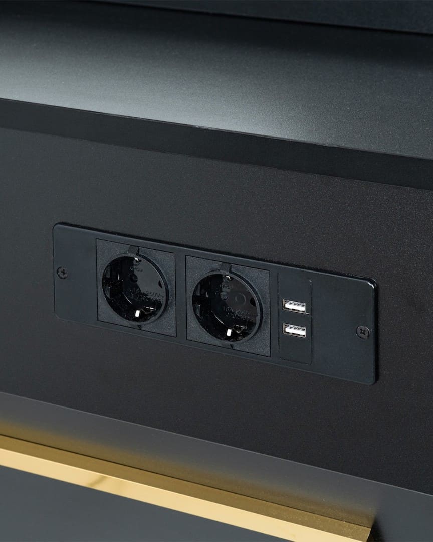 Tocador de barbería dorado y negro con espejo y luz Lunaz de Mirplay enchufes USB