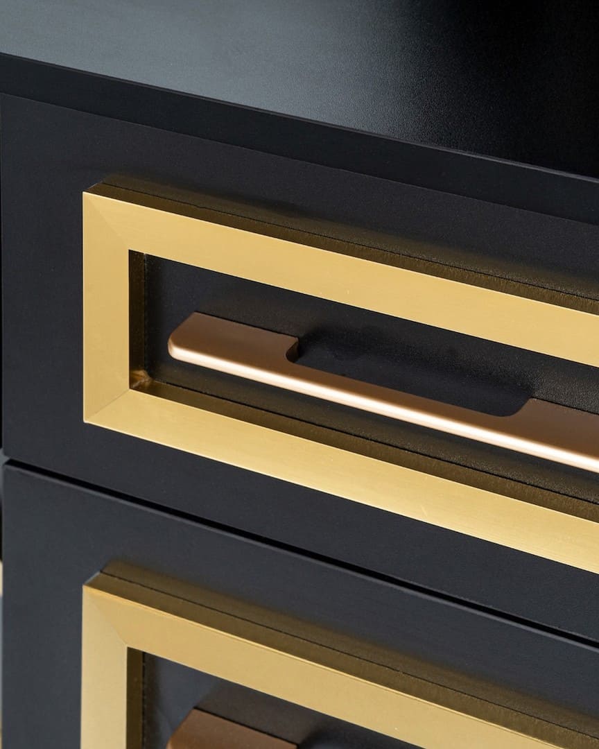 Tocador de barbería dorado y negro con espejo y luz Lunaz de Mirplay cajones