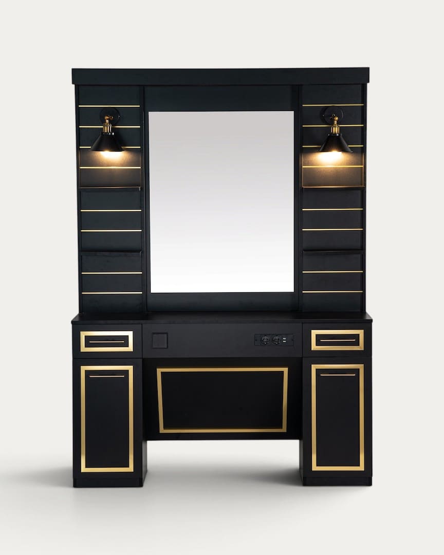 Tocador de barbería dorado y negro con espejo y luz Lunaz de Mirplay
