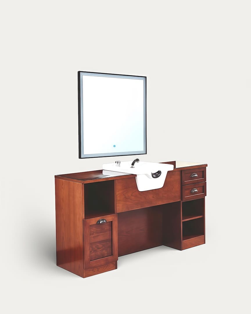 Tocador de barbería con lavacabezas blanco de madera Jules BR 01 08 con espejo redondo LED de Mirplay