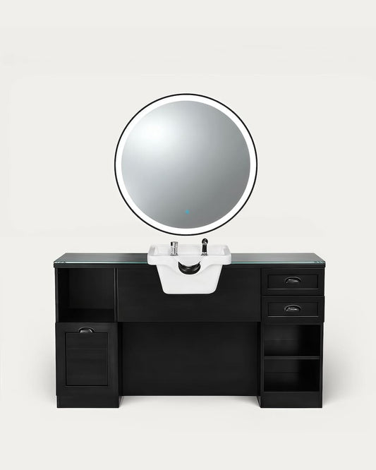 Tocador de barbería negro con lavabo blanco Jules B 01 08 con espejo redondo