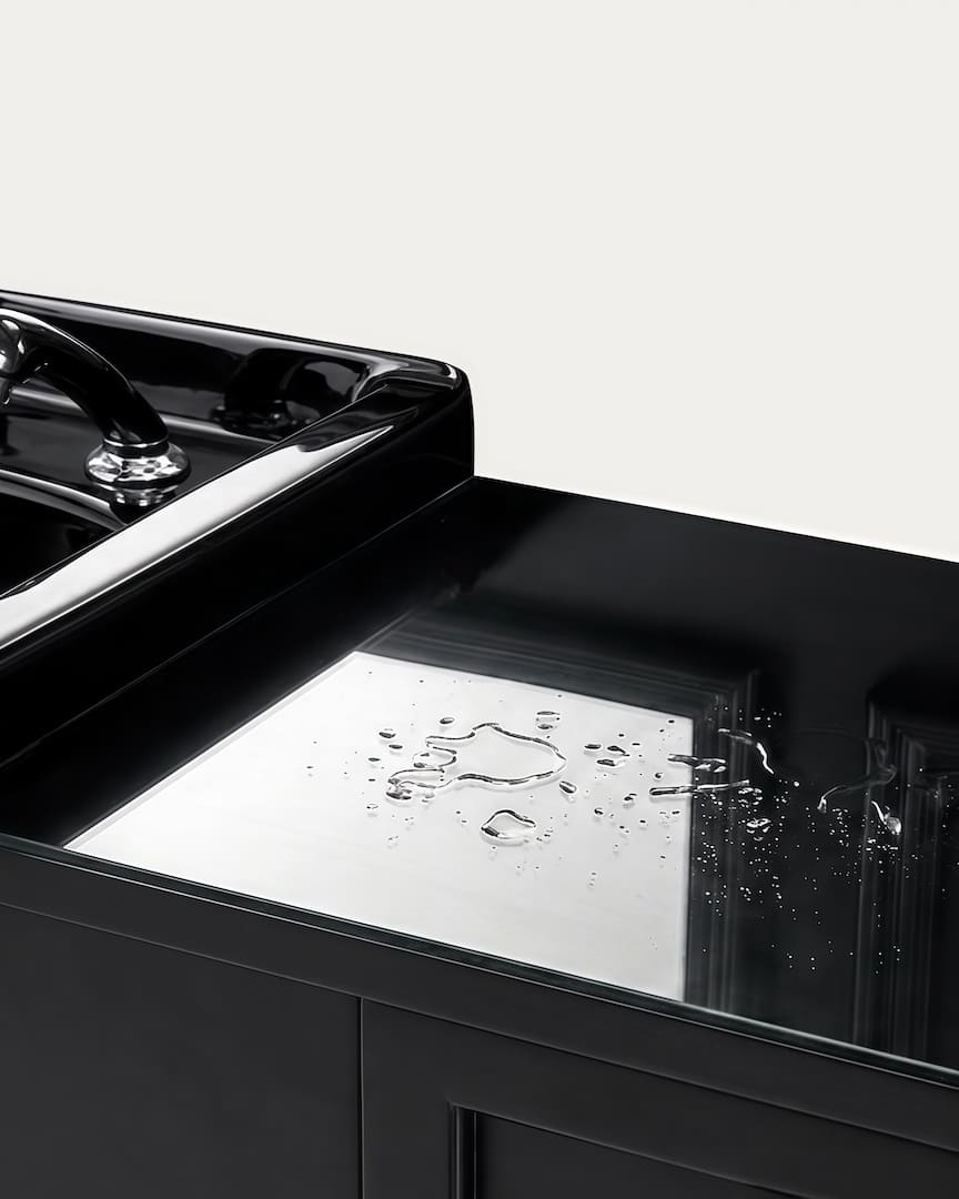 Tocador de barbería negro y lavabo negro Jules de Mirlay cristal protector anti-salpicaduras