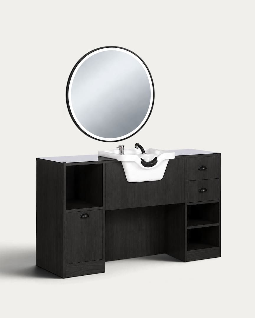 Tocador de barbería negro con lavacabezas blanco y espejo redondo madera OKE 7 98 marca Mirplay