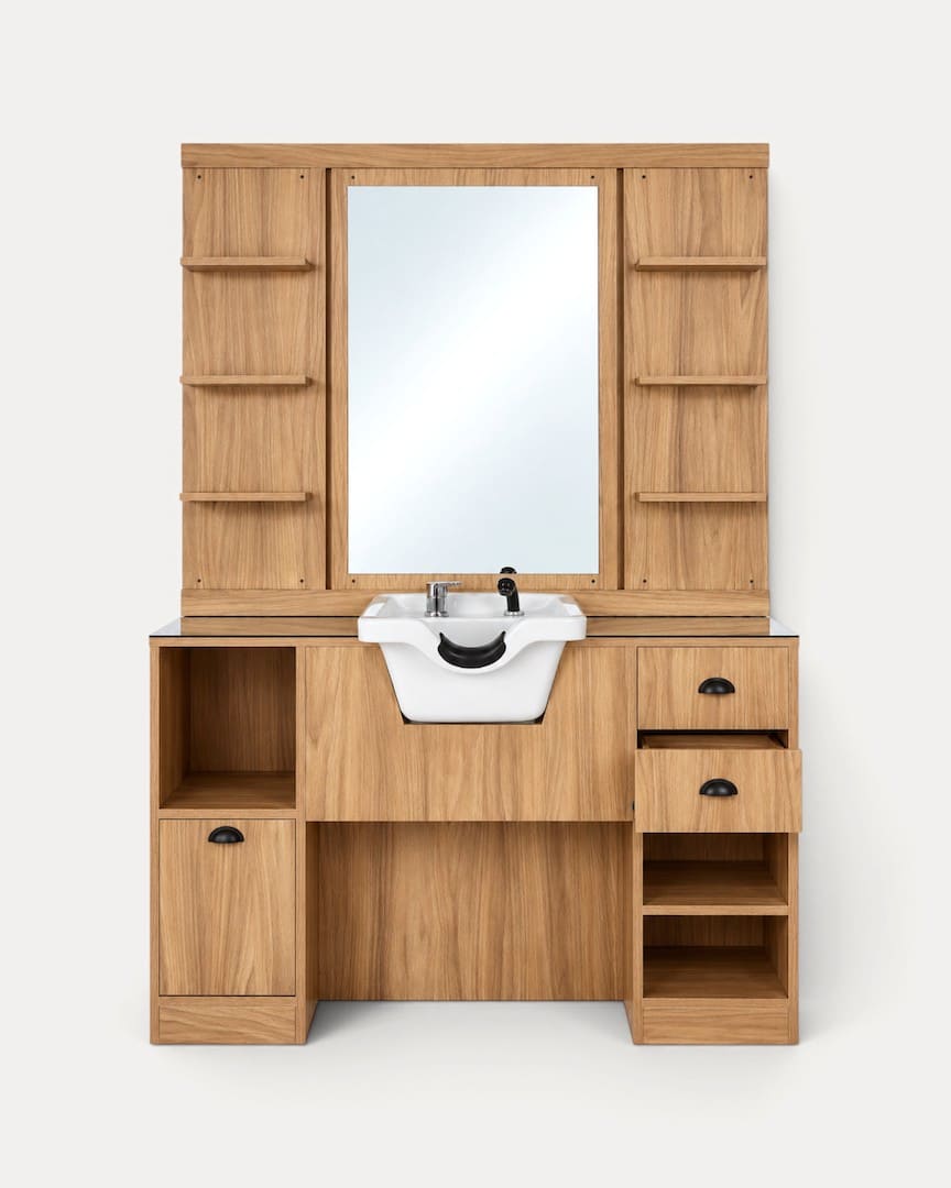Tocador de peluquería con lavacabezas blanco OKE 2 BR de la marca Mirplay