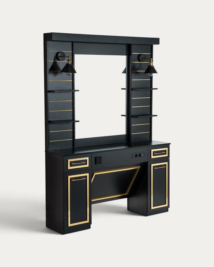 Tocador de barbería negro y dorado con espejo y luz Lunaz de Mirplay