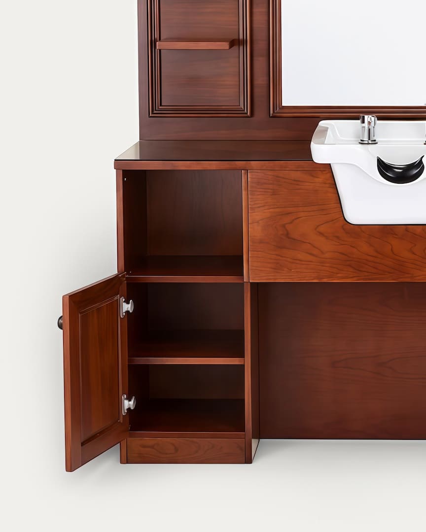 Tocador de barbería con lavacabezas blanco y madera marrón Jules de Mirplay estantes